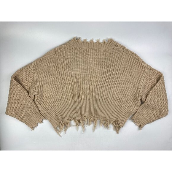 Coco + Jaimeson Women's L Beige V-Neck Crop Raw Edge Sweater - Picture 2 of 3